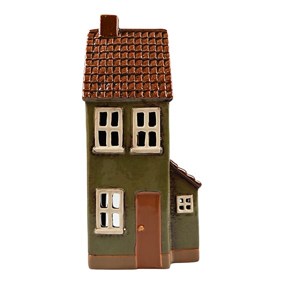 Keramikhaus für Teelichter. Grünes Hochhaus 24 x 11 x 7 cm.