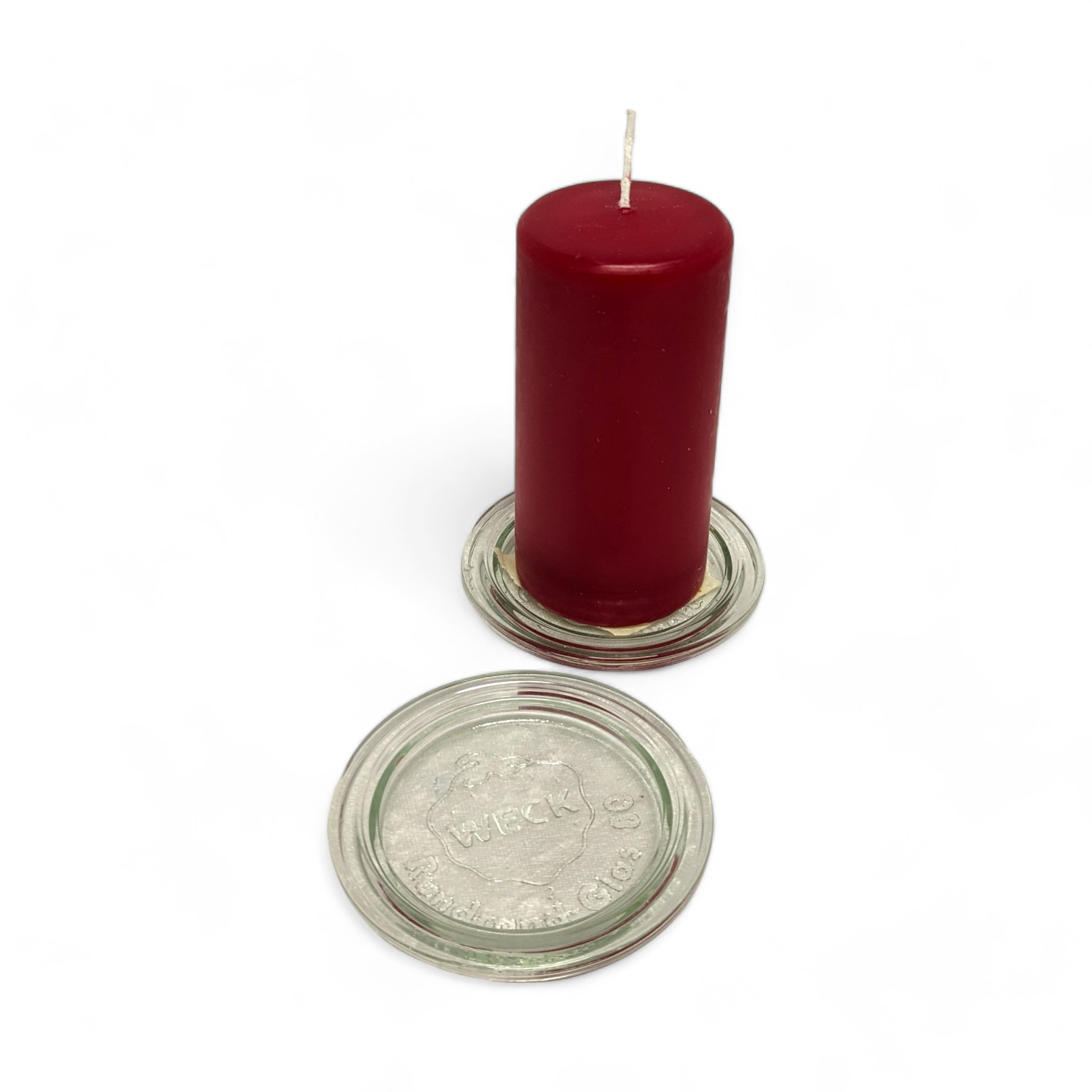 Glasplatte für Kerzen bis zu 6,5 cm Durchmesser. Weck-Deckel aus Glas.