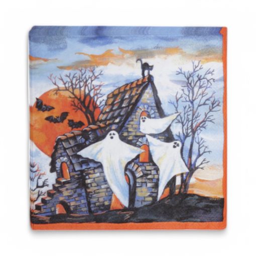 Servietter til Halloween med spøkelser, flaggermus og ruin.