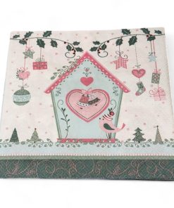 Servietten für WEIHNACHTEN. Grüne und pinke Farben mit Vogelhaus und Vogel. Mittagessen Größe. 20 Stk.