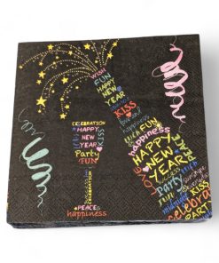 Neujahrsservietten, FROKOST, schwarze mit Champagnerflasche und Glas mit Text. 20 Stk.