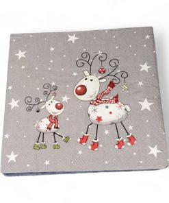 Juleservietter, LUNSJ, grå med reinsdyret Rudolf med en kalv. 20 stk.
