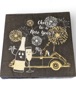 Neujahrsservietten, MITTAGESSEN, schwarz mit Gold und Silber Neujahrsmotiv mit Auto. 20 Stk.