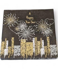 Neujahrsservietten, FROKOST, schwarz mit Gold- und Silber-Neujahrsmotiv von Großstadt. 20 Stk.
