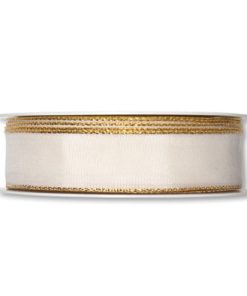 dekorationsbånd med tråd i creme med guldkant 25 millimeter x 25 meter