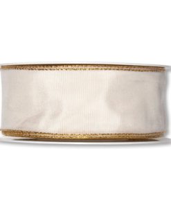 Dekorationsband mit Draht CREME/GOLD. 40 mm x 25 m.