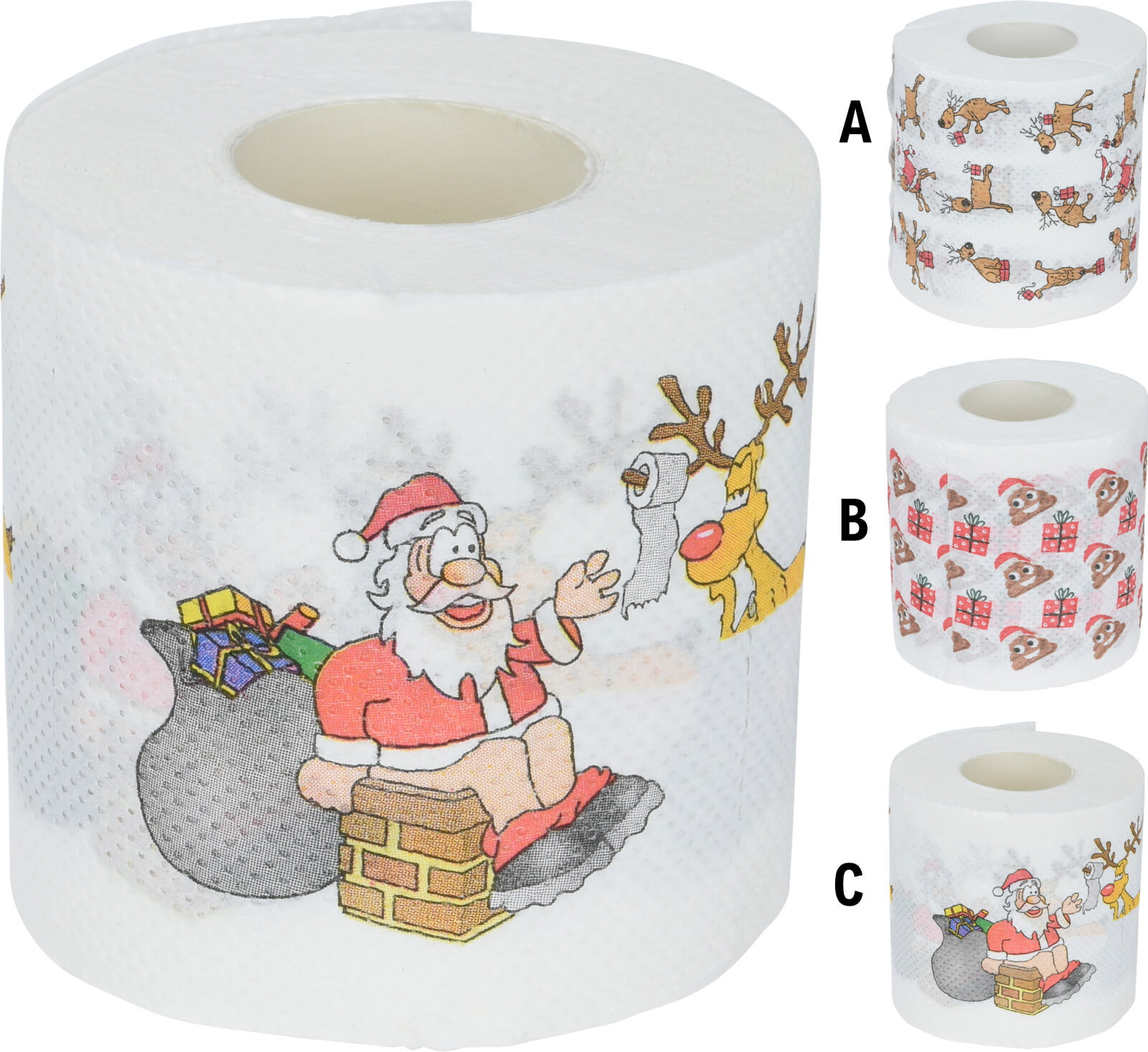 Toilettenpapier mit Weihnachtsmotiv von lustigen Rentieren. Rolle mit 30 m.