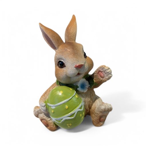 Osterhase aus Polystone mit grünem Osterei. 10 cm. Kann im Freien stehen.
