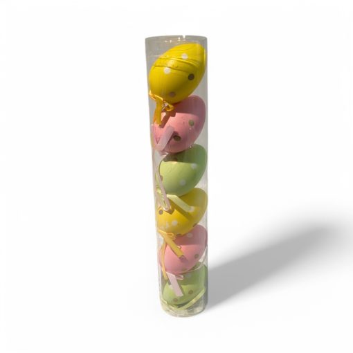 Ostereier in Pastellfarben zum Aufhängen. Stange mit 6 einfarbigen Eiern mit Punkten. 6 cm.