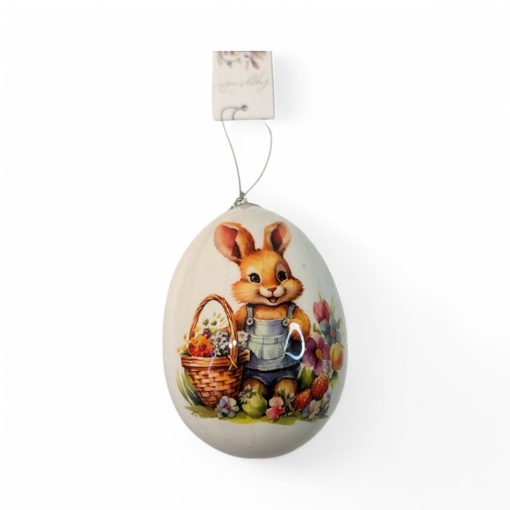 Osterei zum Aufhängen aus Polystyrol. Brauner Hase mit Blumenkorb. 100 mm.