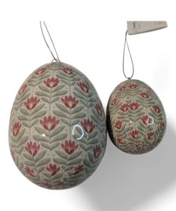 100 millimeter stor og 65 millimeter lille påskeæg med grønne og rosa blomstermønstre