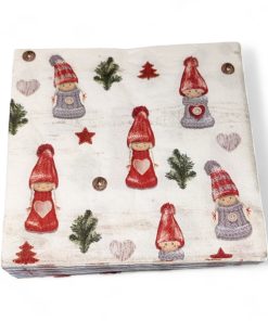 Servietter til jul. Hvit med små søte strikkenisser, gran og pynt. Lunsj størrelse. 20 stk.