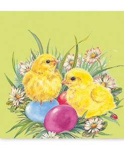limefarvede frokost servietter til påske med 2 store kyllinger og 3 styk påskeæg