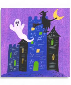 Servietten für Halloween. Lila mit Häusern, Geistern und Hexe.