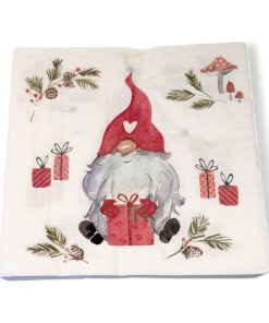 Juleservietter, LUNSJ, hvit med nisse med gaver og julepynt. 20 stk.