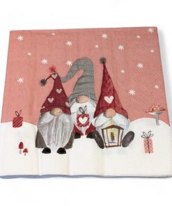 Juleservietter, LUNSJ, laksefarget og hvit med julenisser og skjegg. 20 stk.
