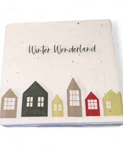 Servietter til jul. Hvit "Winter Wonderland" motiv av hus. Lunsj størrelse. 20 stk.