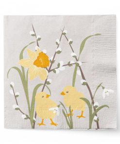 grå påskeservietter med forårsblomster og kyllinger til påske