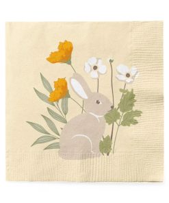 frokostservietter i gul med forårsblomster og påskehare