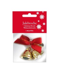julebroche med 2 små guldklokker med rød sløjfe og sikkerhedsnål til at sætte på tøjet