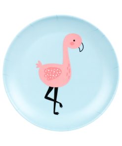 Tallerken med flamingo, melamin, 21 cm, på hvid baggrund.