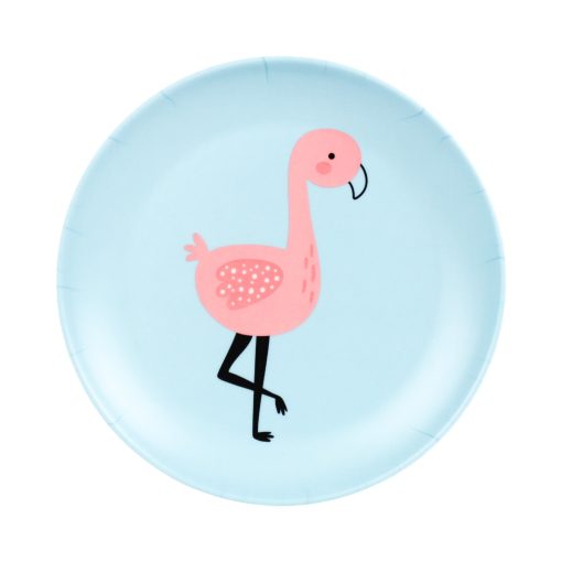 Tallerken med flamingo, melamin, 21 cm, på hvid baggrund.