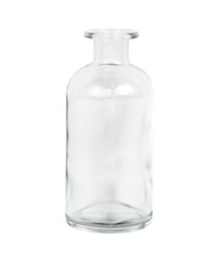 Gennemsigtig glasflaske, 120 ml, på hvid baggrund.