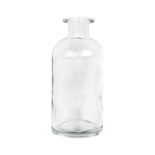 Gennemsigtig glasflaske, 120 ml, på hvid baggrund.