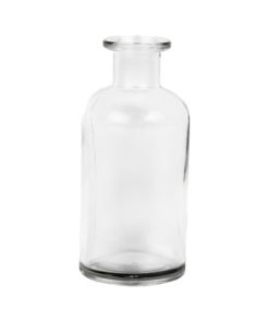 Gennemsigtig glasflaske, 200 ml, på hvid baggrund.
