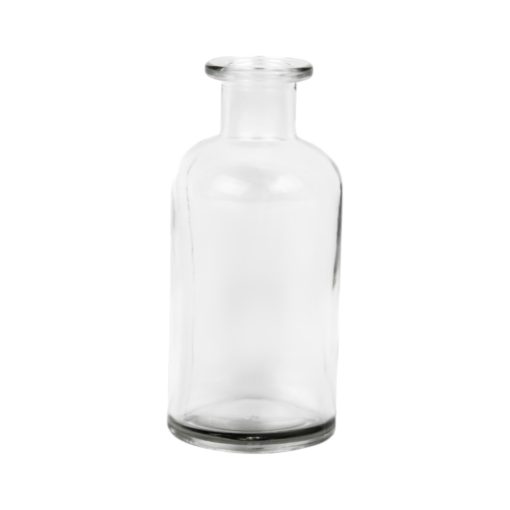 Gennemsigtig glasflaske, 200 ml, på hvid baggrund.