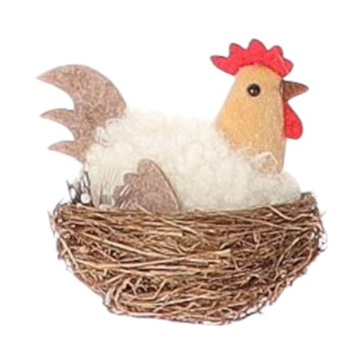 Påskefigur, høne i rede med egg, hvitt stoff