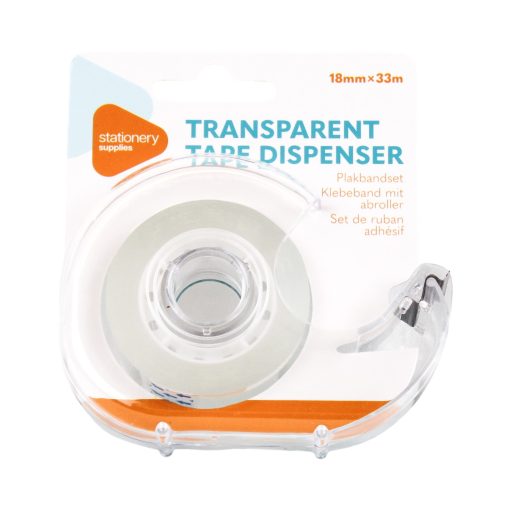 Tapedispenser med klar tape på hvid baggrund.