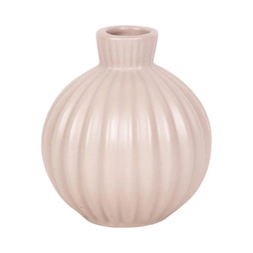 Vase med riller i beige, 8 cm høj, placeret på hvid baggrund.