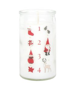 adventslys i glas med tal og julemotiver på 5,5 centimeter i diameter og 24 brændetimer