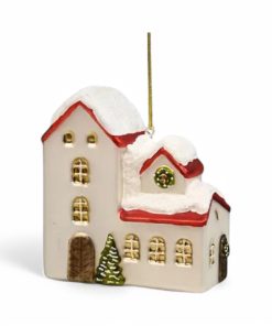 Hus/kirke til ophæng. Glas julefigur i sølv
