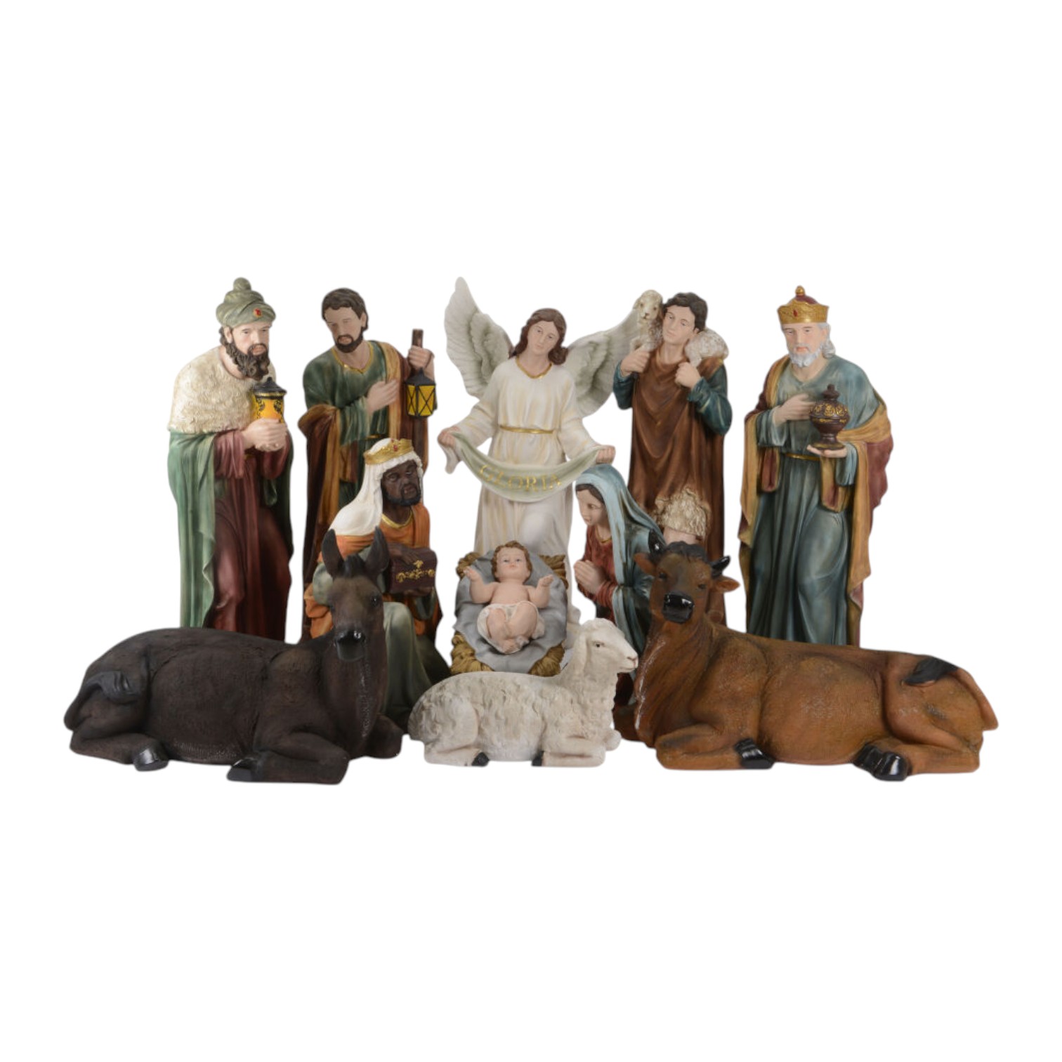 Krippenspiel mit 11 Figuren, Höhe bis zu 105 cm.