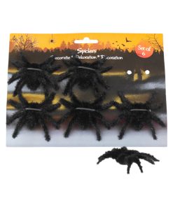 6 styk 8 centimeter sorte store behårede uhyggelige edderkopper i plast