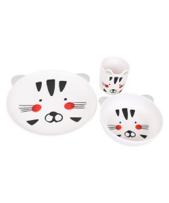 melaminsæt med dyb og flad tallerken og krus med kattemotiv