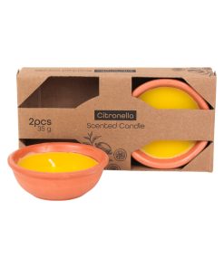 2 styk citronella stearinlys i terracotta skåle med duft og insektafvisende egenskaber