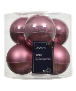 glas julekugler med diameter otte centimeter i blank og mat gammel rosa farve