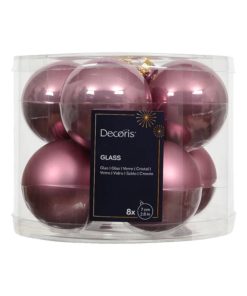 glas julekugler med diameter syv centimeter i blank og mat gammel rosa farve