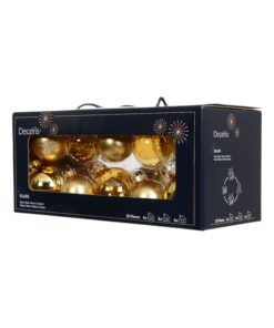 kasse med tyve styk glas julekugler i guld nuancer med og uden mønster i flere størrelser