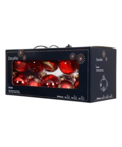 kasse med tyve styk glas julekugler i rød nuancer med og uden mønster i flere størrelser