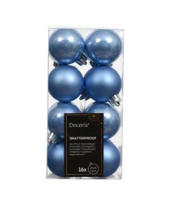 plastik julekugler med diameter fire centimeter i farven lyseblå sejsten styk i pakken