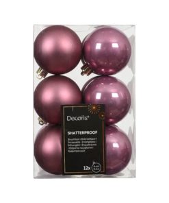 plastik julekugler med diameter seks centimeter i farven gammelrosa tolv styk i pakken