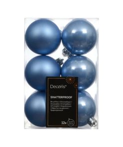 plastik julekugler med diameter seks centimeter i farven himmelblå lyseblå tolv styk i pakken