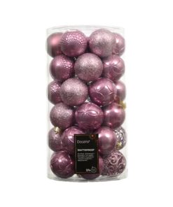 plastik julekugler med diameter seks centimeter i farven gammelrosa og med flere forskellige overflader syvogtredive styk i pakken