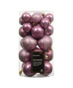 plastik julekugler med diameter fire til seks centimeter i farven gammel rosa tredive styk i pakken