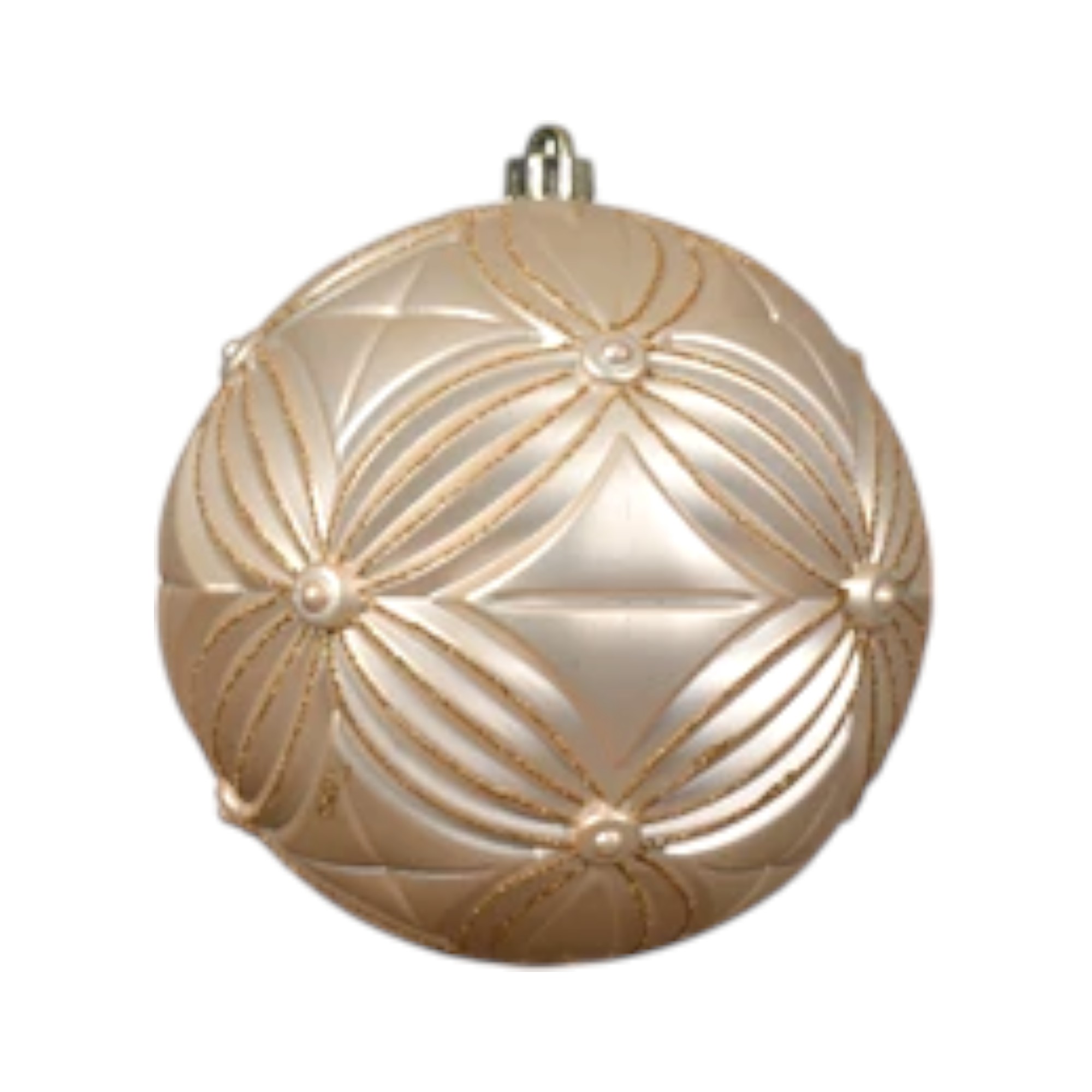 stor plastik julekugle perlemors farvet ø tyve centimeter med mønster af sammen flettede blomster