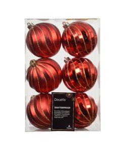 pakke med seks styk plastik julekugler i rød med riller og glitter i ø 8 centimeter